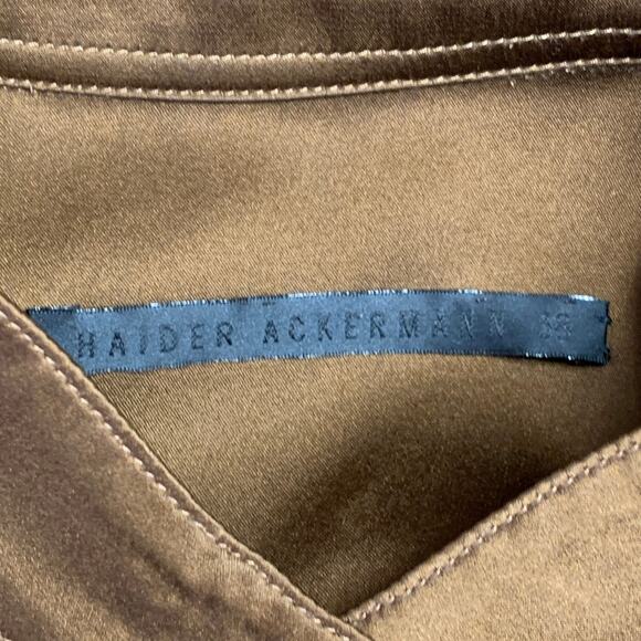 HAIDER ACKERMANN Size S Brown Silk Satin Nehru Collar Hidden Buttons Shirt - Picture 8 of 9